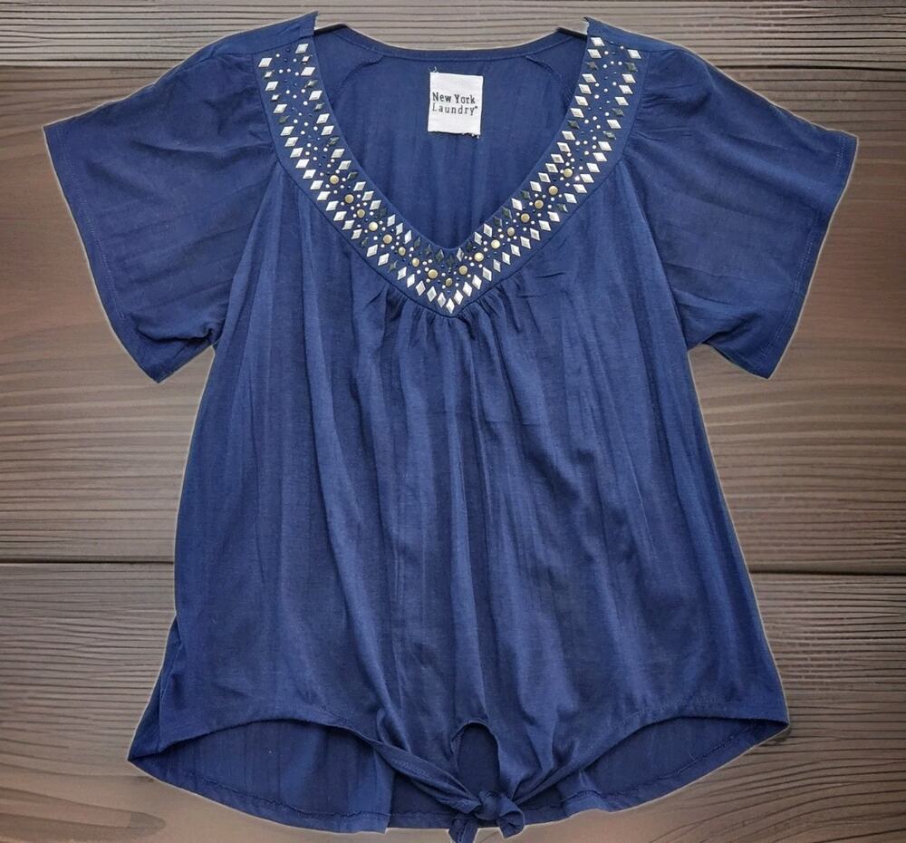 New York Laundry Women's Large Tunic Tie Front Embellished Neckline Blouse Navy